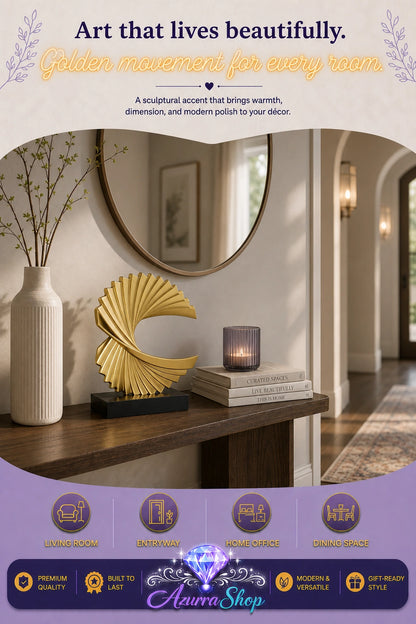 A gold sculptural wave figurine on a black base, displayed on a wood console table in an entryway with a round mirror, a vase of branches, a candle, and stacked books. The image includes promotional text and a purple footer banner with room-type icons and the brand name "Azurra Shop".