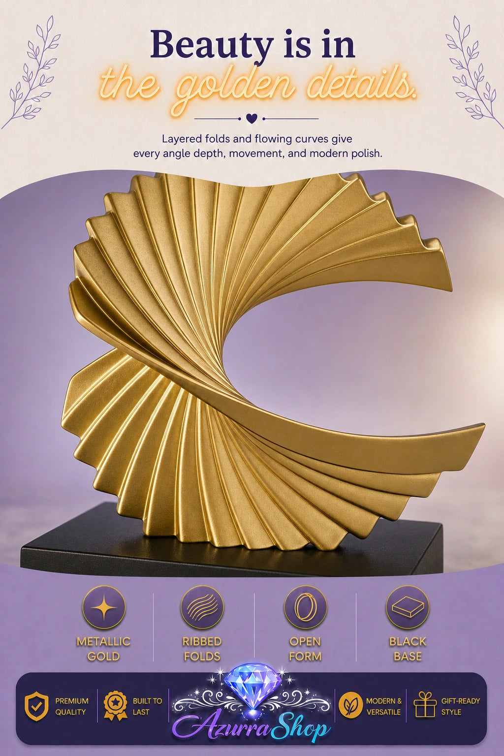A close-up of a gold abstract sculptural tabletop piece with layered curved folds, displayed on a black base against a purple gradient background. The image includes promotional text at the top and a footer with feature icons and the brand name "Azurra Shop".