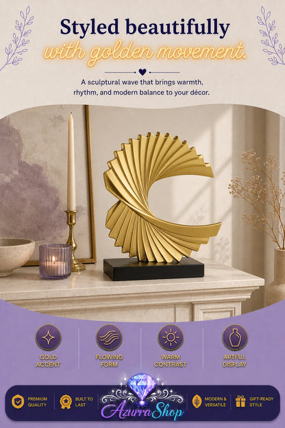 A gold sculptural fan-shaped decorative object displayed on a black base on a console table, with a candlestick, a votive candle, and dried stems in a styled interior. The image includes promotional text at the top and a purple footer with feature icons and the brand name "Azurra Shop".