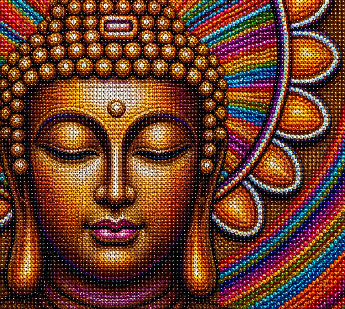 Close up of the finished golden Buddha diamond painting, with closed eyes and a colorful mandala halo
