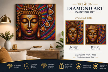 Golden Buddha diamond painting framed on a wall, shown with the size chart
