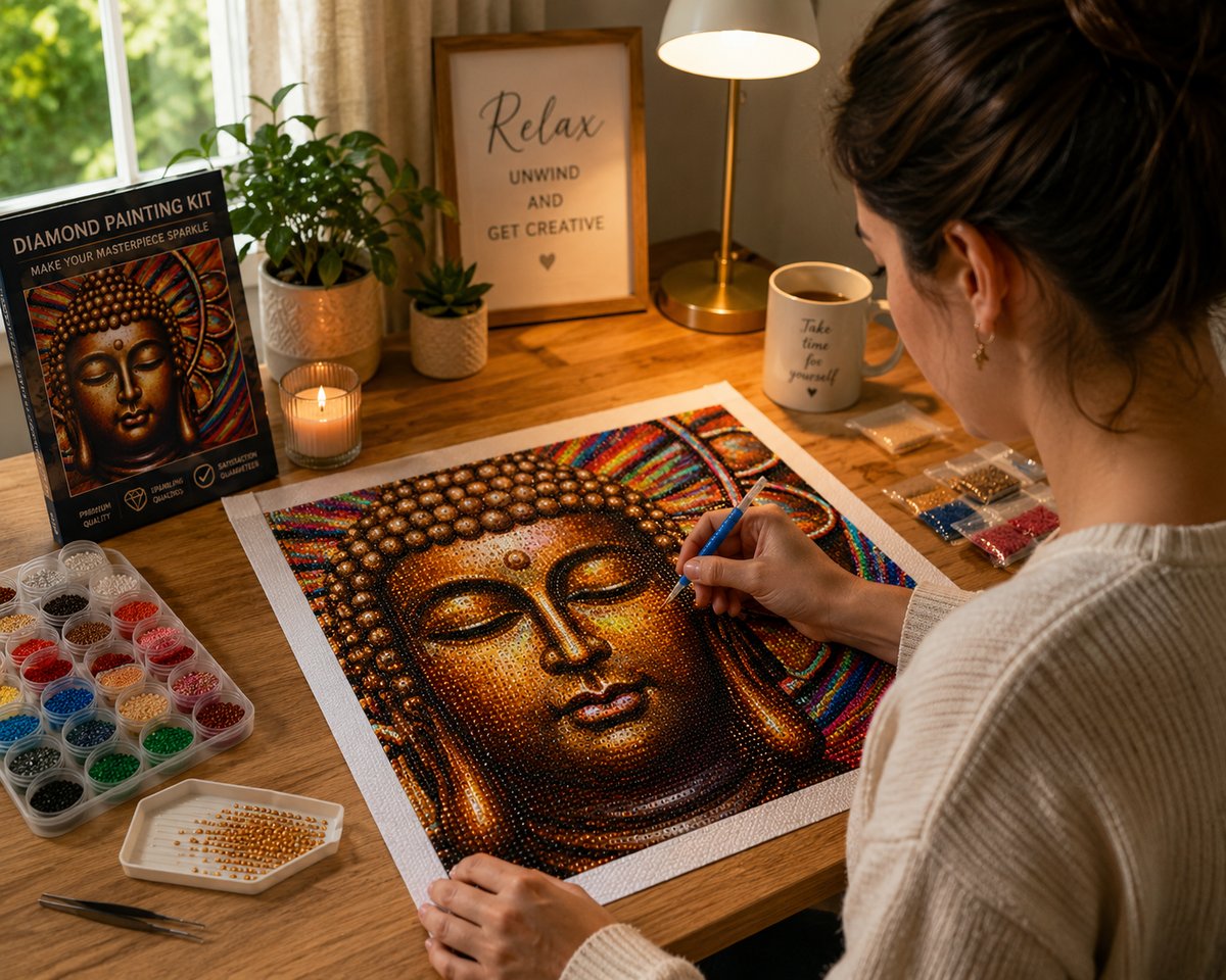 Working on the golden Buddha kit at a cozy desk with warm lighting