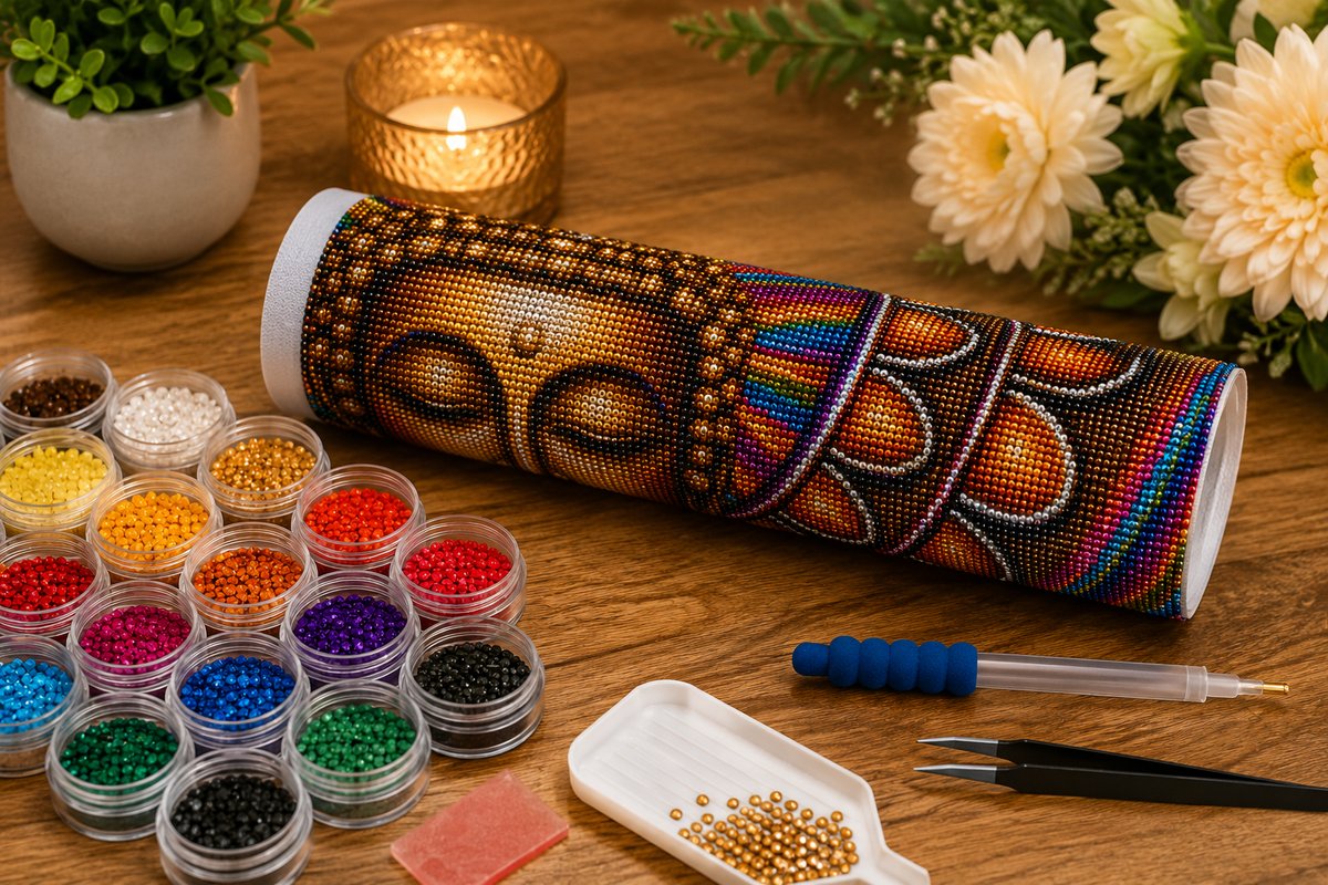 Rolled canvas and full supplies for the golden Buddha kit, including drill trays, applicator pen, and tweezers
