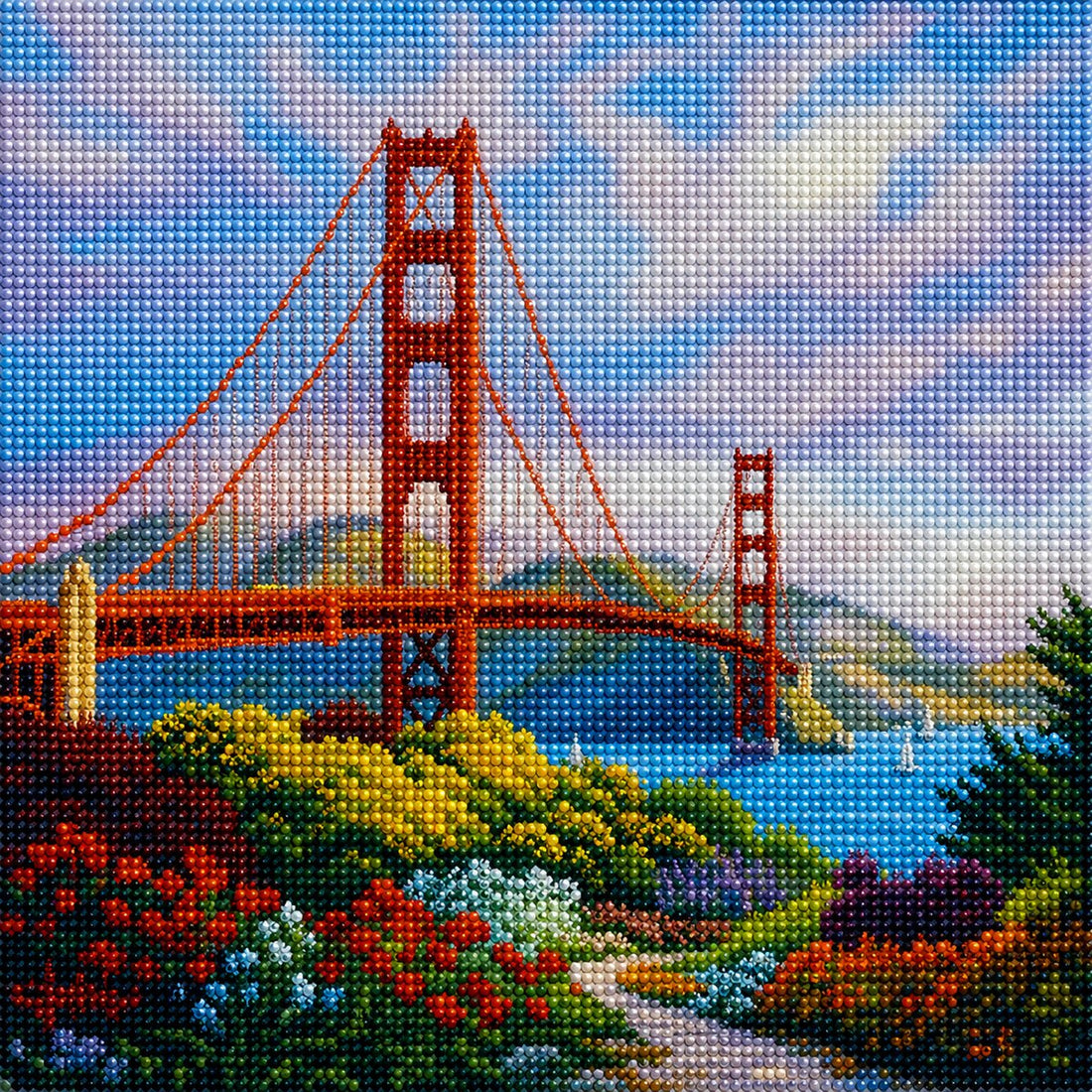 Finished Golden Gate Bridge diamond painting kit artwork with the bridge, blue water, and wildflowers | Azurra Shop