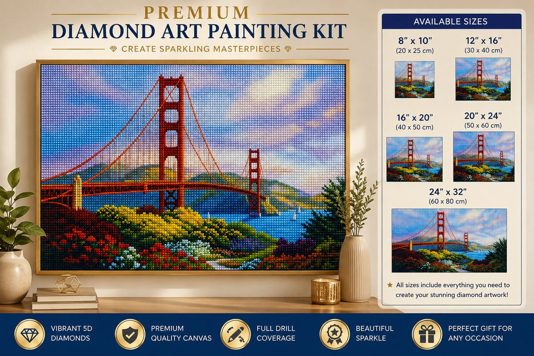 Golden Gate Bridge diamond painting kit product graphic showing framed artwork and available sizes from 8x10 to 24x32 inches | Azurra Shop