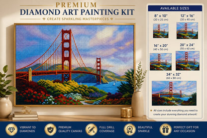 Golden Gate Bridge diamond painting kit product graphic showing framed artwork and available sizes from 8x10 to 24x32 inches | Azurra Shop