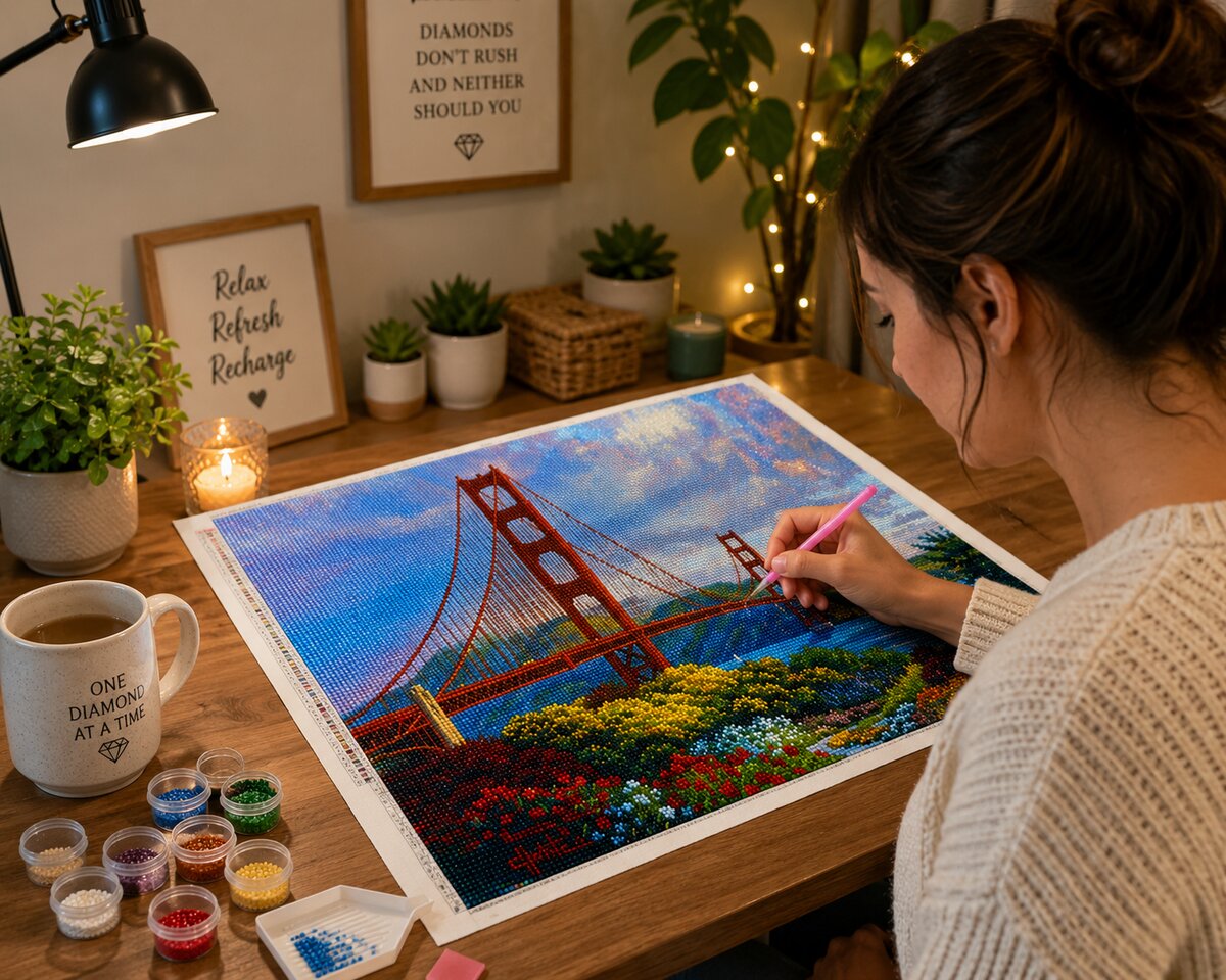 Working on the Golden Gate Bridge diamond painting kit at a cozy desk with candles, plants, and string lights | Azurra Shop
