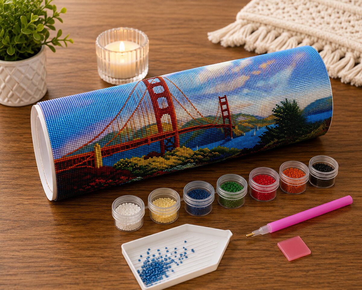 Rolled canvas and full supplies for the Golden Gate Bridge kit, including diamond packets, applicator pen, and tray | Azurra Shop