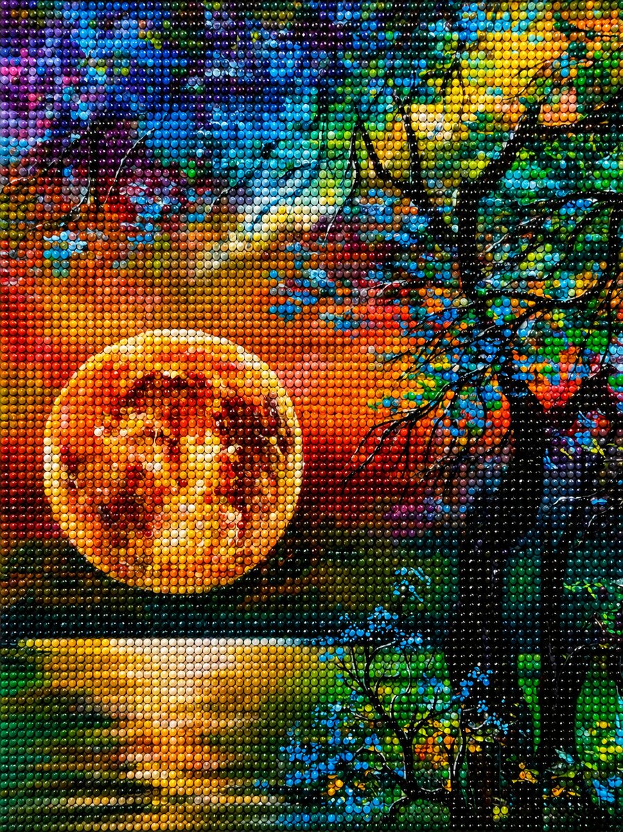 Finished golden harvest moon diamond painting with a glowing orange moon over water beside a colorful tree at sunset | Azurra Shop