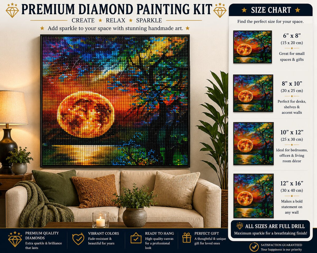 Golden harvest moon diamond painting framed above a living room sofa, available in 4 sizes from 6 by 8 to 12 by 16 inches | Azurra Shop