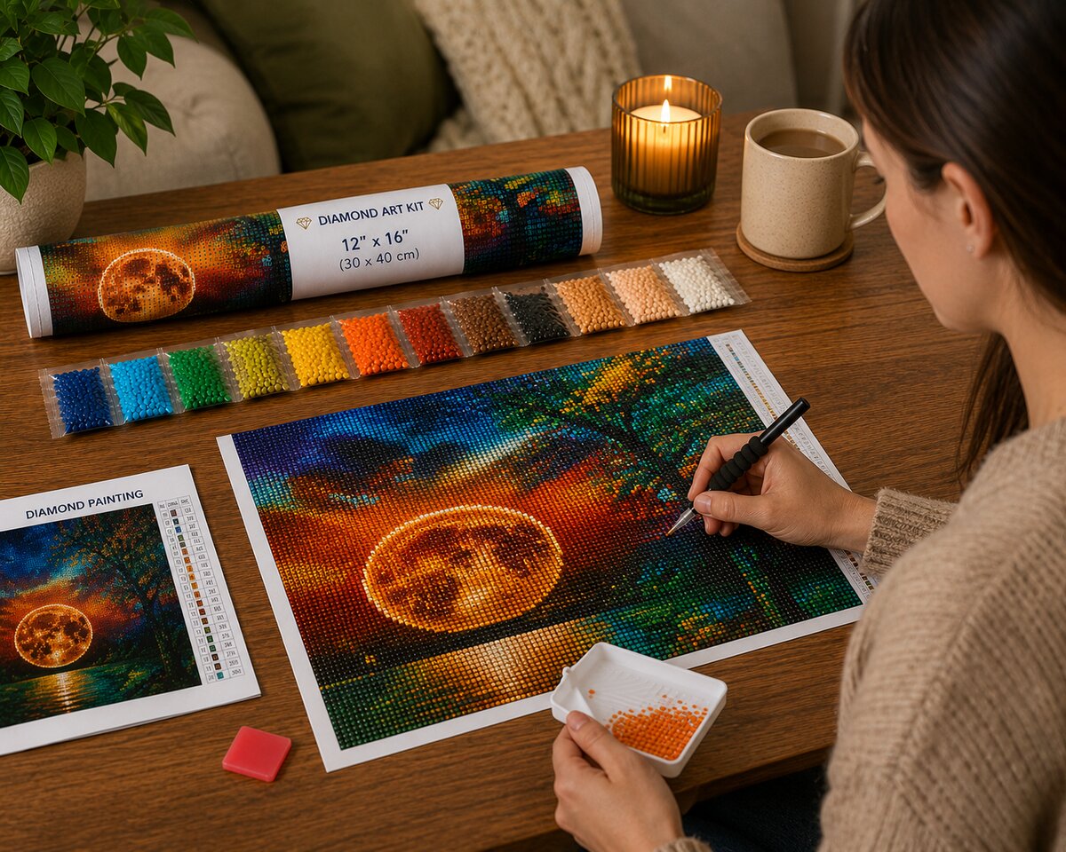 Woman placing diamonds on the golden harvest moon canvas at a desk with coffee and a candle | Azurra Shop