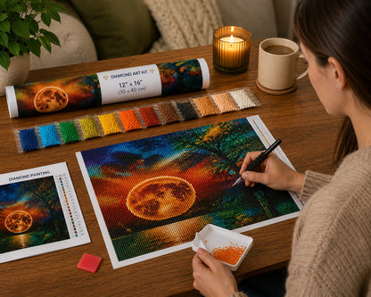 Woman placing diamonds on the golden harvest moon canvas at a desk with coffee and a candle | Azurra Shop