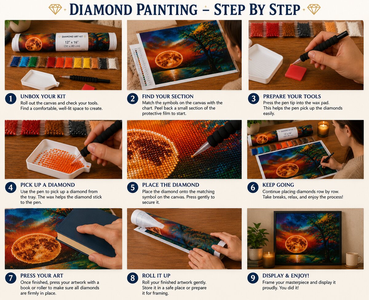Nine step instructions for completing a diamond painting kit from unboxing to framing | Azurra Shop