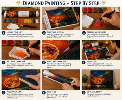 Nine step instructions for completing a diamond painting kit from unboxing to framing | Azurra Shop