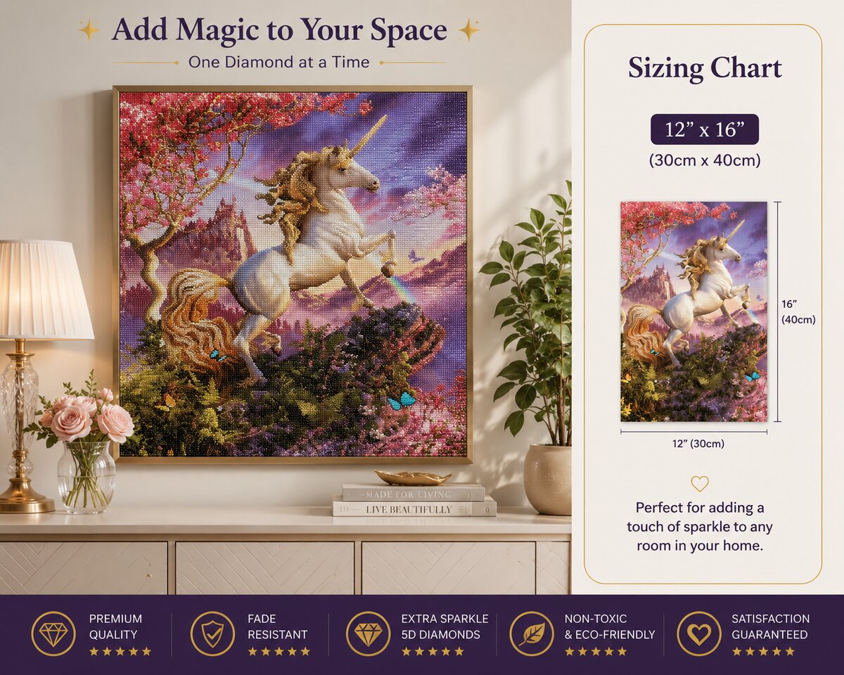 Golden mane unicorn diamond painting framed on a wall, available in a 12 by 16 inch size | Azurra Shop