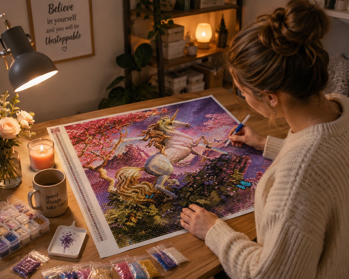 Woman placing diamonds on the golden mane unicorn canvas at a desk with coffee and a candle | Azurra Shop