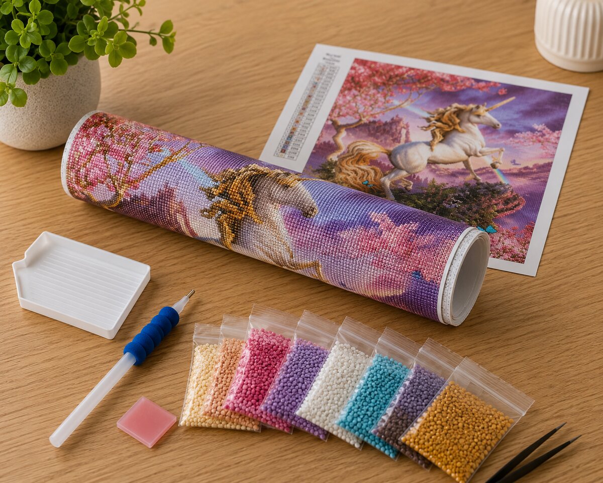 Diamond painting kit supplies including rolled canvas, sorted diamond bags, applicator pen, and color chart | Azurra Shop