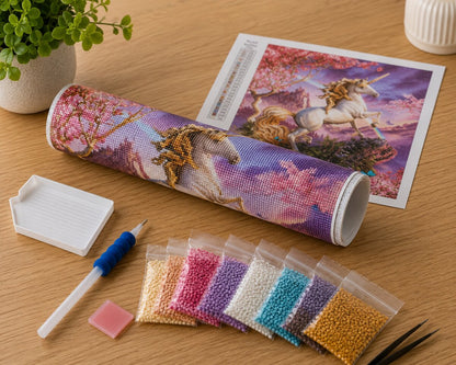 Diamond painting kit supplies including rolled canvas, sorted diamond bags, applicator pen, and color chart | Azurra Shop