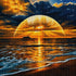Finished golden moon rising over the sea diamond painting with a glowing golden moon reflecting on ocean waves at dusk | Azurra Shop