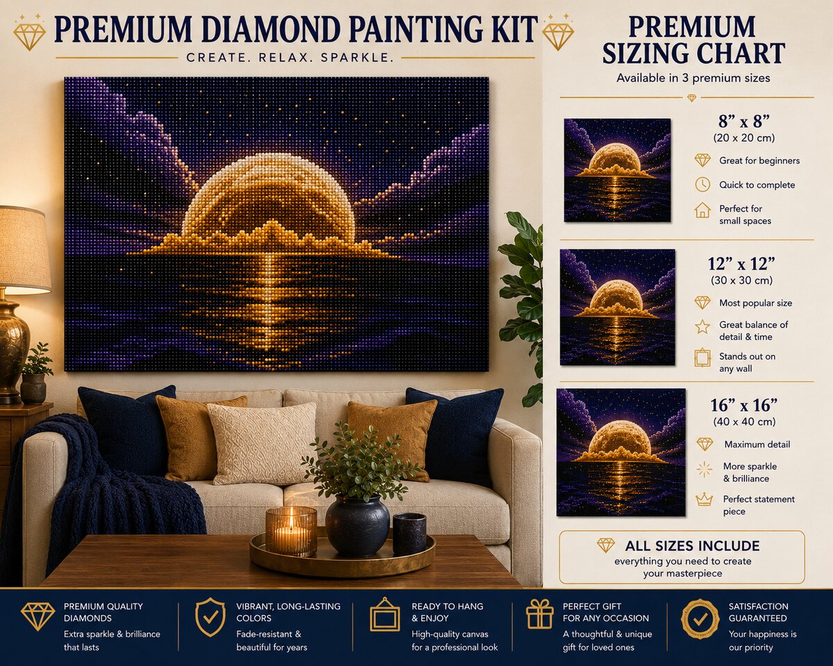 Golden moon rising over the sea diamond painting framed above a living room sofa, available in 3 sizes from 8 by 8 to 16 by 16 inches | Azurra Shop