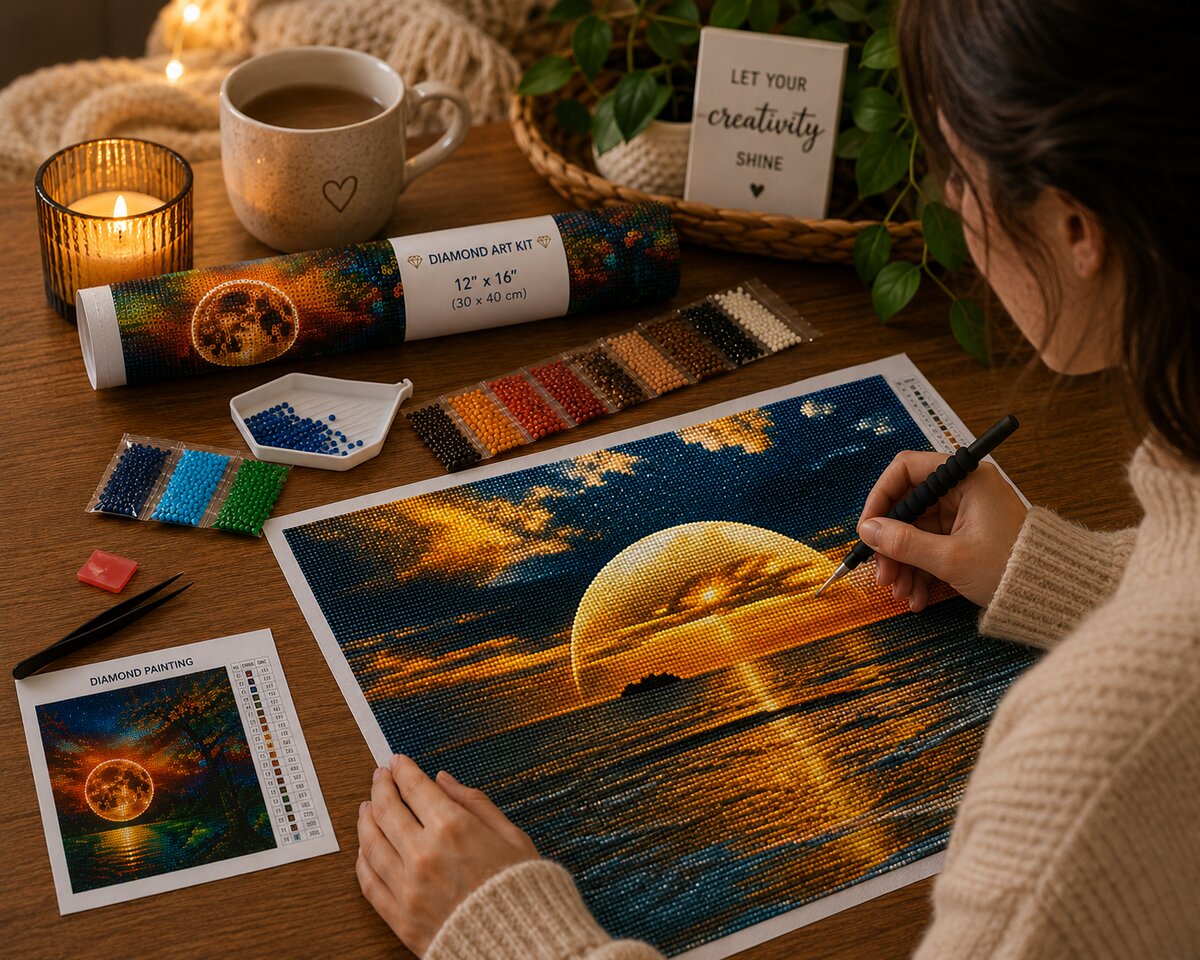 Woman placing diamonds on the golden moon rising over the sea canvas at a desk with coffee and a candle | Azurra Shop