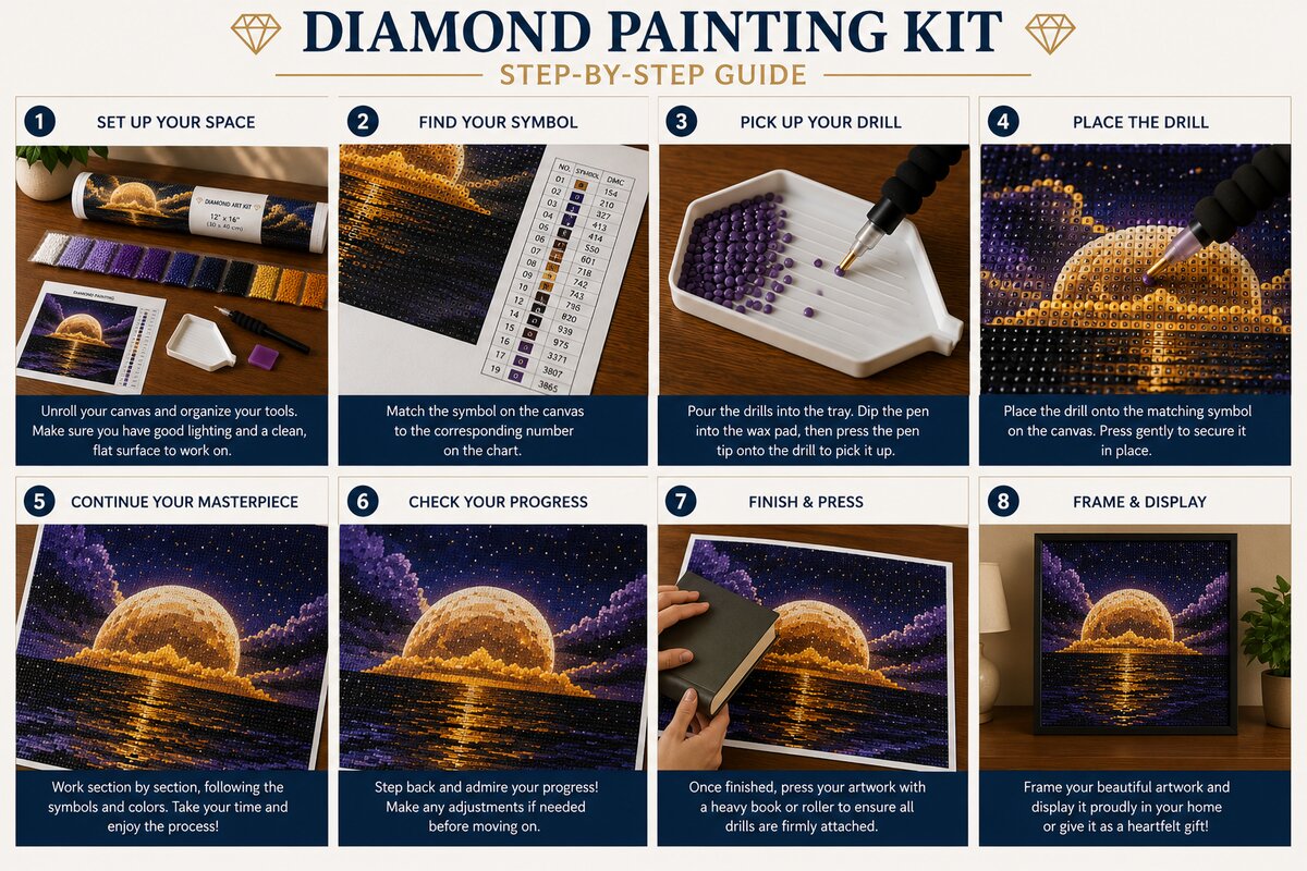 Eight step instructions for completing a diamond painting kit from canvas setup to framing | Azurra Shop