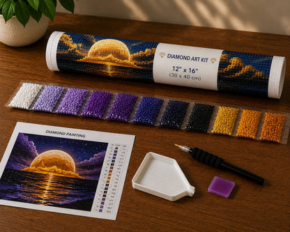 Diamond painting kit supplies including rolled canvas, numbered diamond bags, tray, and applicator pen | Azurra Shop