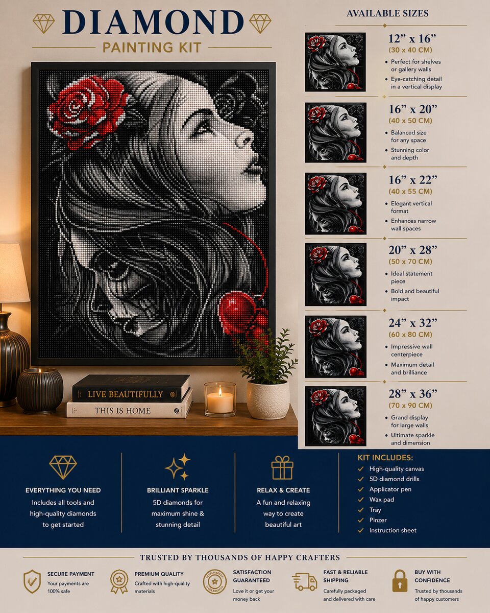 Framed gothic rose woman and skull diamond painting displayed on a console table with books and a candle | Azurra Shop