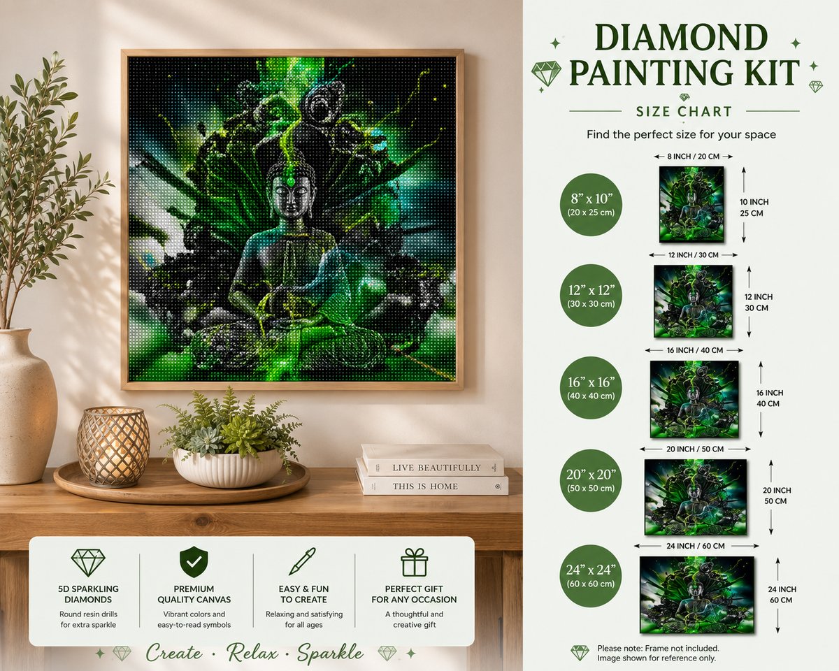Dark Buddha diamond painting framed on a wall, shown with the size chart