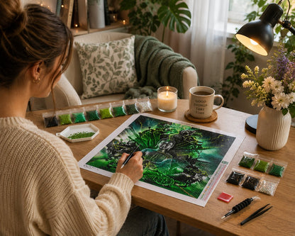 Working on the dark Buddha kit at a cozy desk with warm lighting