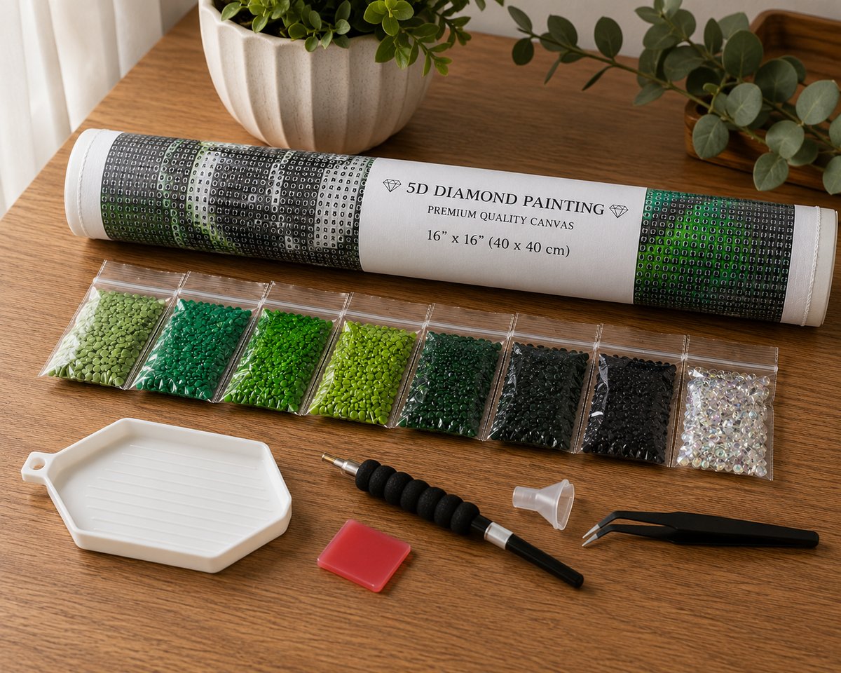 Rolled canvas and full supplies for the dark Buddha kit, including drill trays, applicator pen, and tweezers
