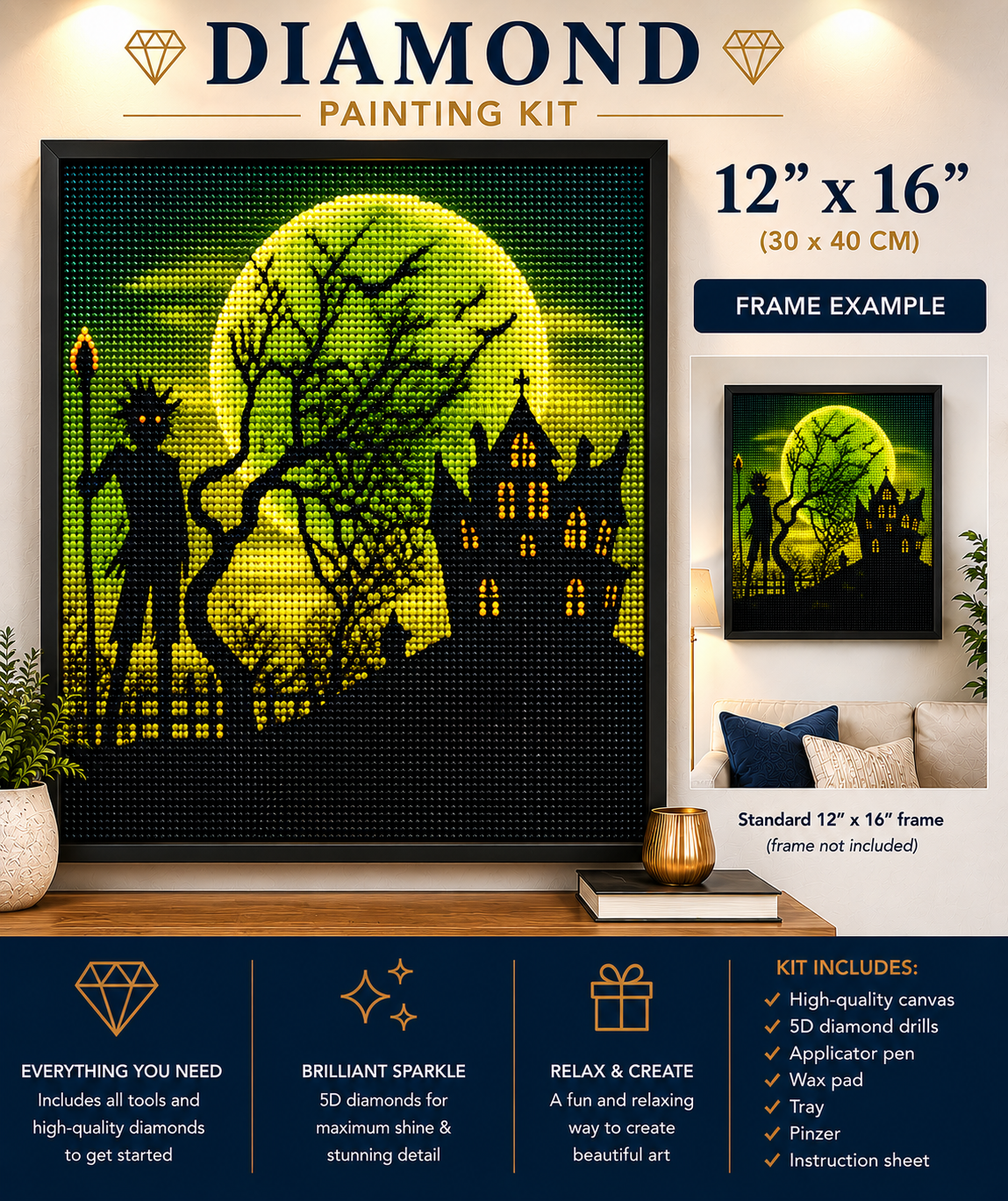 Headless Horseman &amp; Haunted Graveyard Diamond Painting Kit – large framed 12"x16" (30x40cm) diamond art of the headless horseman scene displayed on a wood console with gold vase and books, with a smaller framed version shown above a living room sofa, and kit callouts for everything you need, brilliant 5D diamond sparkle, and relax and create, plus kit contents list including high-quality canvas, 5D diamond drills, applicator pen, wax pad, tray, pinzer, and instruction sheet

