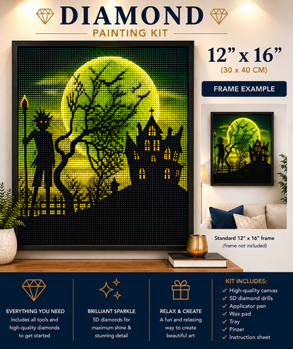 Headless Horseman &amp; Haunted Graveyard Diamond Painting Kit – large framed 12"x16" (30x40cm) diamond art of the headless horseman scene displayed on a wood console with gold vase and books, with a smaller framed version shown above a living room sofa, and kit callouts for everything you need, brilliant 5D diamond sparkle, and relax and create, plus kit contents list including high-quality canvas, 5D diamond drills, applicator pen, wax pad, tray, pinzer, and instruction sheet
