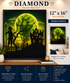 Headless Horseman & Haunted Graveyard Diamond Painting Kit – large framed 12"x16" (30x40cm) diamond art of the headless horseman scene displayed on a wood console with gold vase and books, with a smaller framed version shown above a living room sofa, and kit callouts for everything you need, brilliant 5D diamond sparkle, and relax and create, plus kit contents list including high-quality canvas, 5D diamond drills, applicator pen, wax pad, tray, pinzer, and instruction sheet
