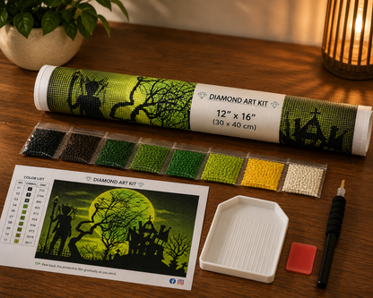 Headless Horseman &amp; Haunted Graveyard Diamond Painting Kit – flat lay on warm wood surface showing canvas rolled in a Diamond Art Kit tube labeled 12"x16" (30x40cm), 11-color strip of resealable diamond drill bags in black, dark brown, dark green, medium green, bright green, yellow-green, yellow, and white tones, white grooved sorting tray, black applicator pen, red wax pad, and DMC color chart reference card with tip to peel back protective film gradually

