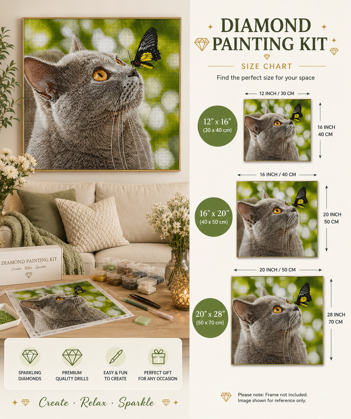 Tabby cat and butterfly diamond painting kit size chart – Grey Cat design, 3 sizes shown 12" x 16", 16" x 20", 20" x 28", framed finished grey cat art displayed on living room wall, premium sparkling diamonds — Azurra Shop
