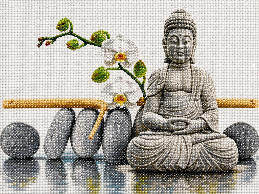 Close up of the finished grey stone Buddha and white orchid diamond painting with sparkling drills