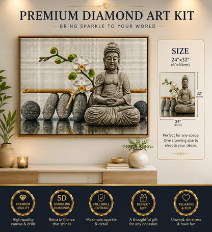 Rolled canvas and supplies for the grey stone Buddha and white orchid kit, including drills and applicator pen