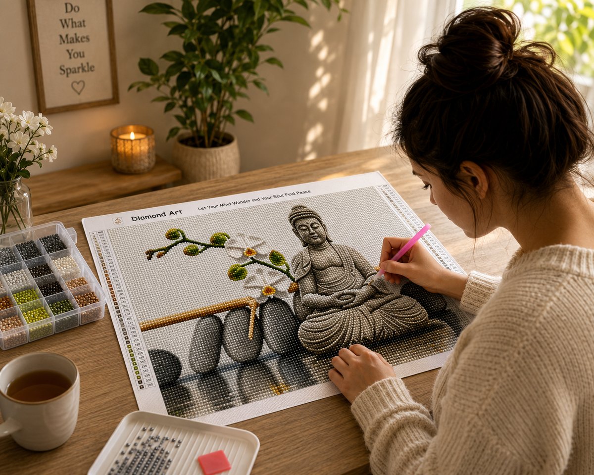 Working on the grey stone Buddha and white orchid kit at a sunny desk