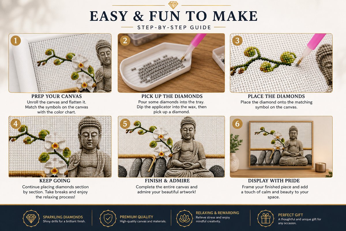 Step by step guide showing how to complete the grey stone Buddha and white orchid diamond painting
