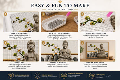 Step by step guide showing how to complete the grey stone Buddha and white orchid diamond painting