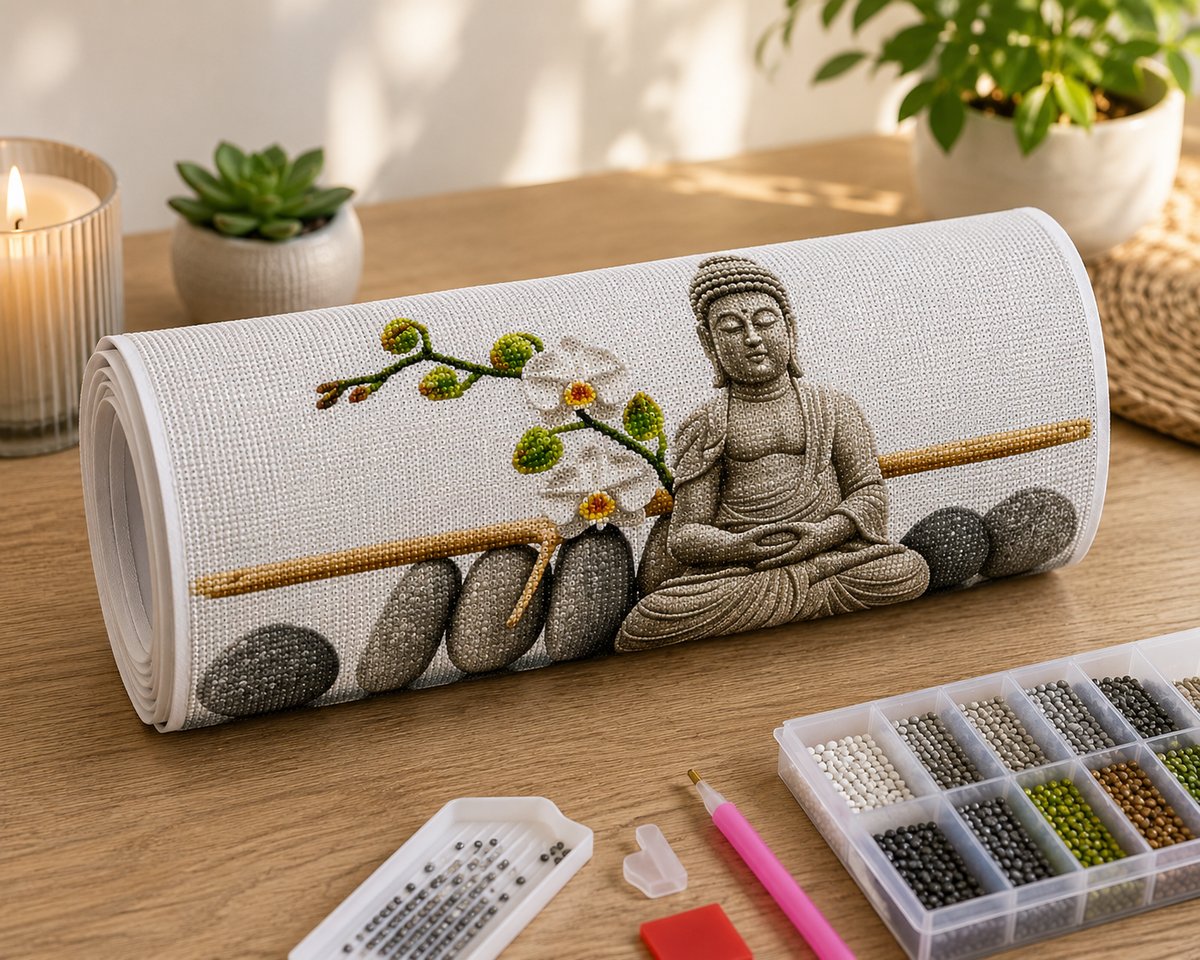 Supplies laid out for the grey stone Buddha and white orchid diamond painting kit