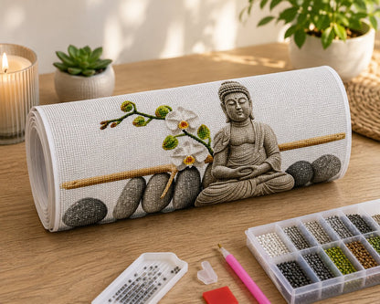 Supplies laid out for the grey stone Buddha and white orchid diamond painting kit