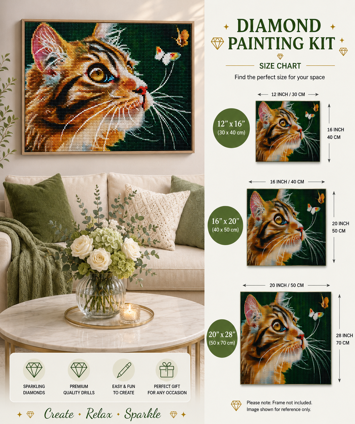 Tabby cat and butterfly diamond painting kit size chart – Brown Calico design, 3 sizes shown 12" x 16", 16" x 20", 20" x 28", framed finished cat art displayed on living room wall, premium quality sparkling diamonds — Azurra Shop
