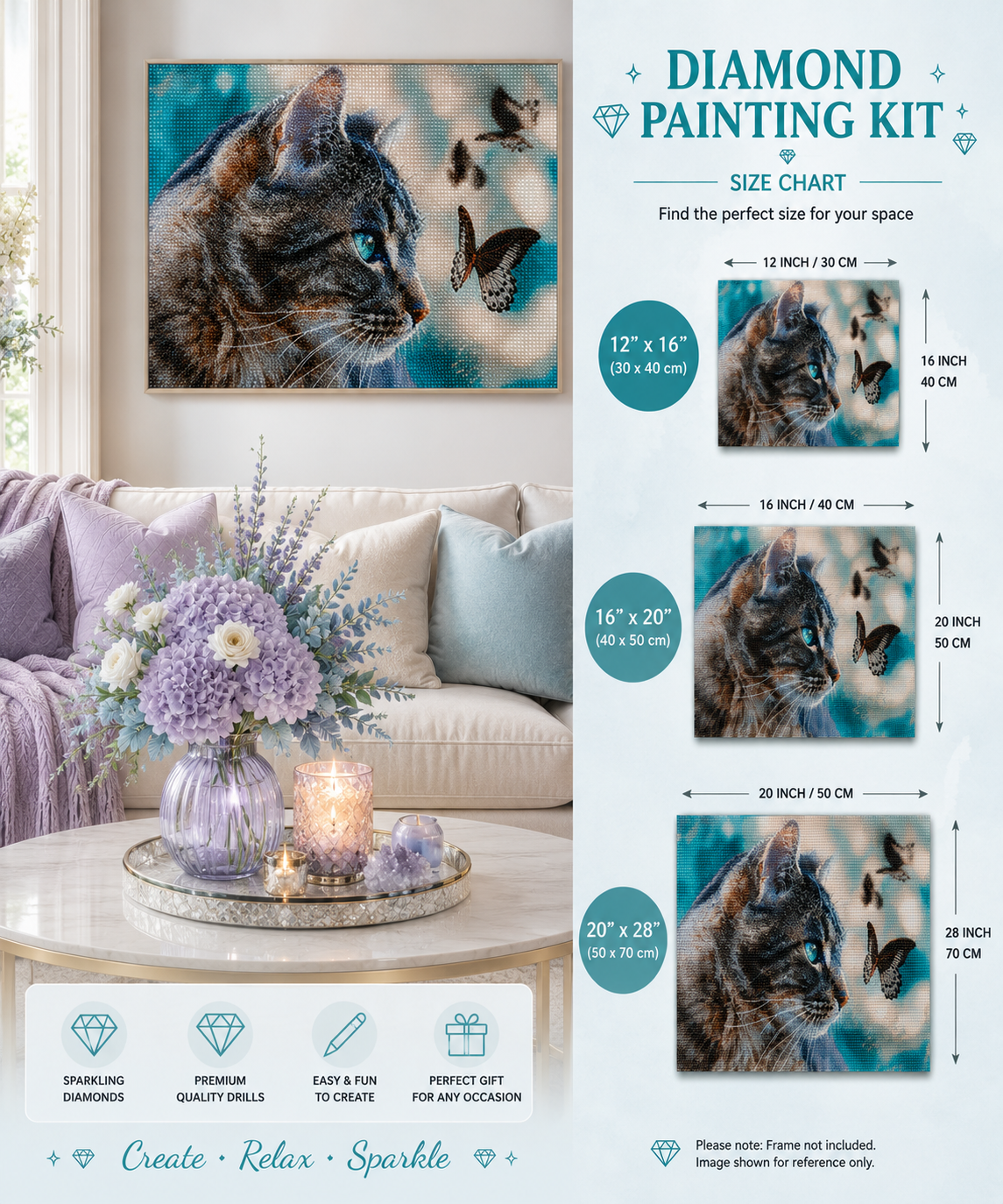 Tabby cat and butterfly diamond painting kit size chart – Grey Calico design, 3 sizes shown 12" x 16", 16" x 20", 20" x 28", framed finished grey calico cat art displayed on living room wall, premium sparkling diamonds — Azurra Shop

