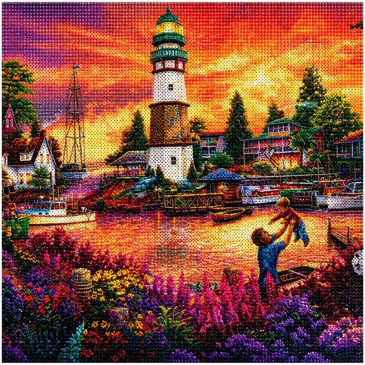 Close up of the finished harbor lighthouse at sunset diamond painting with sparkling drills | Azurra Shop