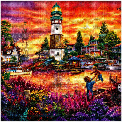 Close up of the finished harbor lighthouse at sunset diamond painting with sparkling drills | Azurra Shop