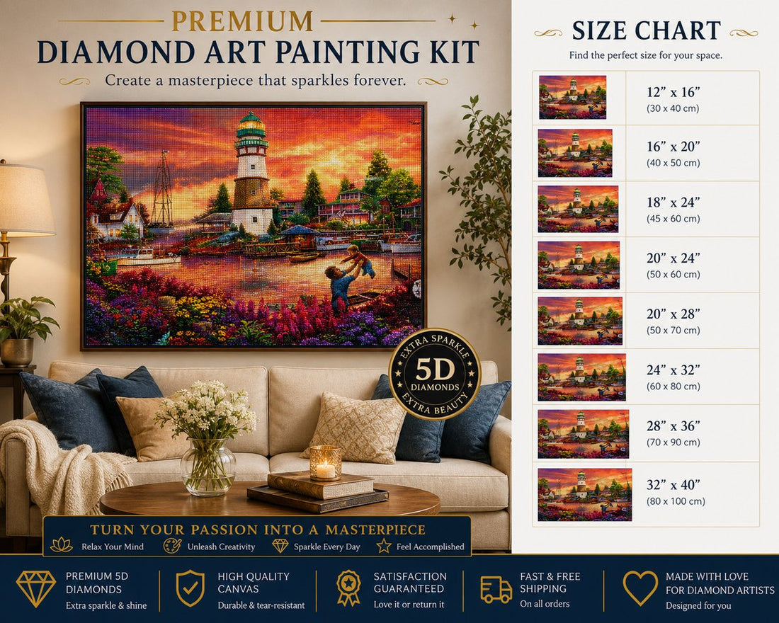 Framed harbor lighthouse at sunset diamond painting displayed above a sofa with size chart | Azurra Shop