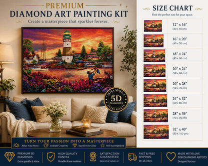 Framed harbor lighthouse at sunset diamond painting displayed above a sofa with size chart | Azurra Shop