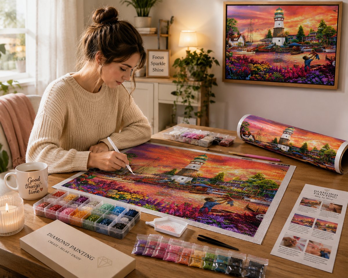 Working on the harbor lighthouse at sunset kit at a warm wooden desk with the finished piece framed on the wall | Azurra Shop